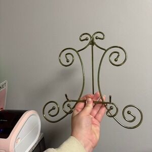 VTG Brass Wire Plate Stand Ornate Scroll Easel Display Holder Gold Tone Metal